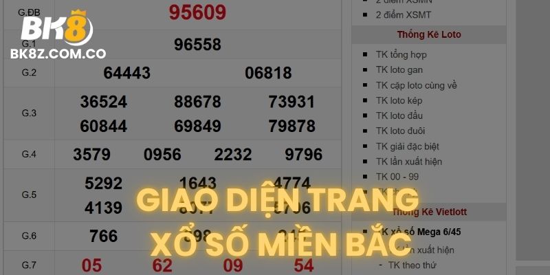 Giao diện Xổ số miền Bắc tại BK8 với bảng kết quả chi tiết