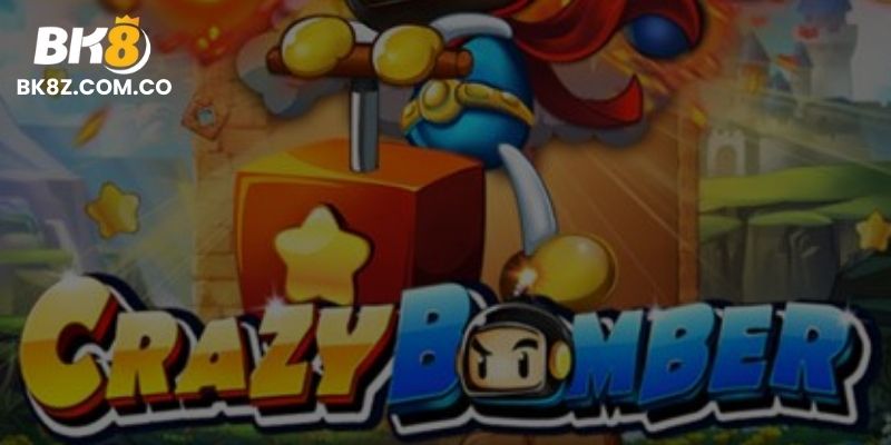 Giao diện chính game Crazy Bomber với nhân vật hoạt hình và hiệu ứng bom nổ